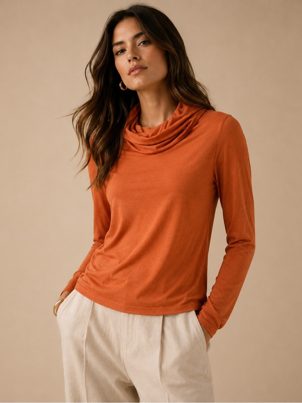 Soft Burnt Orange Cowl Neck Long Sleeve Knit Top Cozy Everyday Essential M
